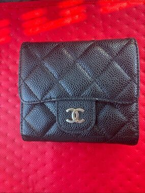 CHANEL Black Quilted Caviar Leather Small Wallet with Gold CC